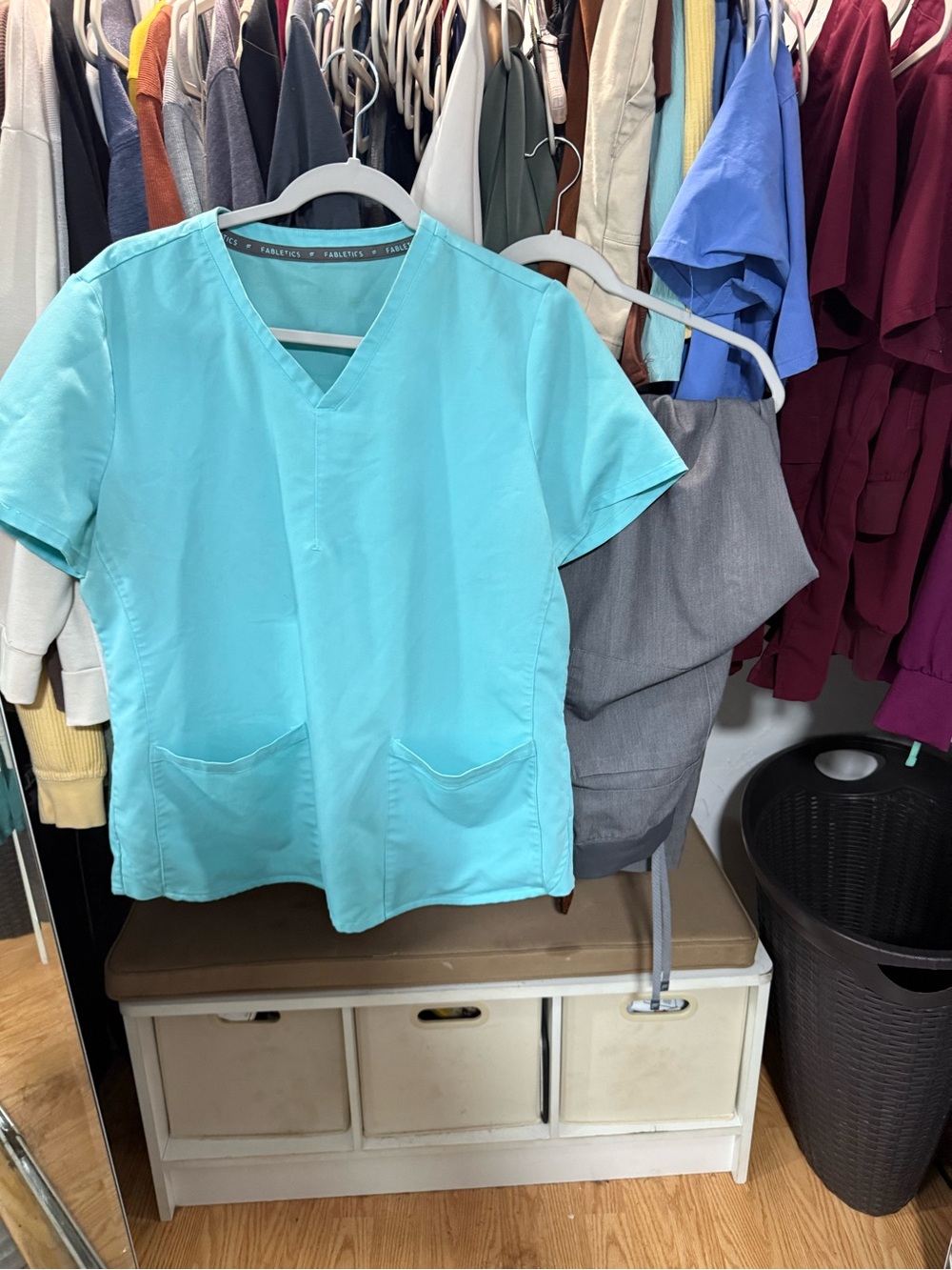 Fabletics teal scrub top and grey joggers